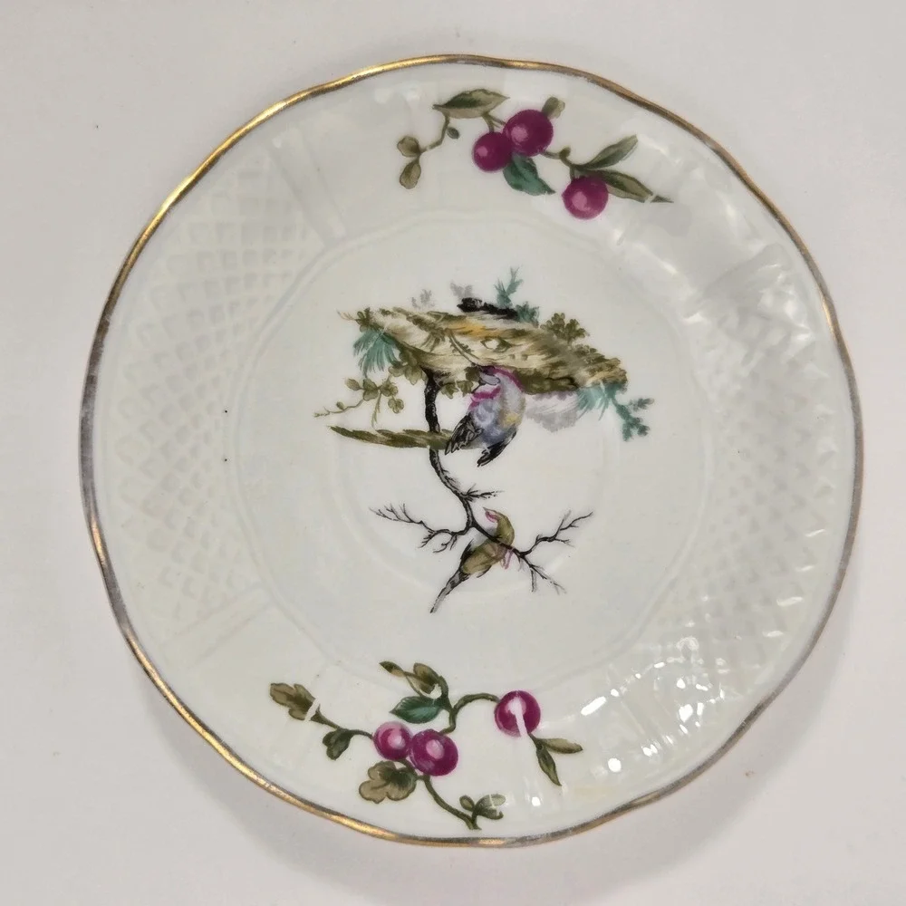 L Bernardaud & Co Limoges France Bird and Berry Porcelain Saucer Gold Rim 5.25